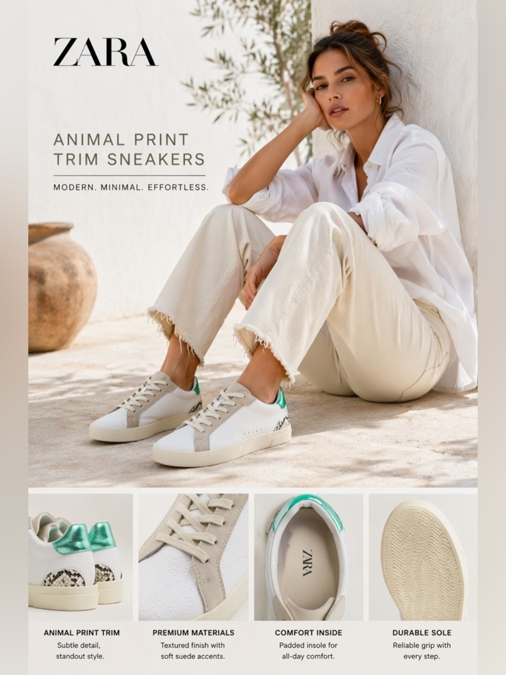 ZARA White Animal Print Trim Sneakers NWT Women’s Size 9 Green Accent Sneakers